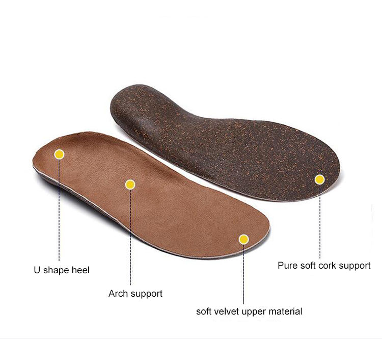 Material de corcho, plantilla de zapato de longitud completa, cuidado de los pies, protección del talón en forma de U, soporte de arco, pie plano ortopédico 